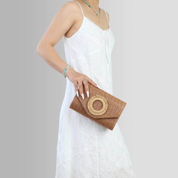 Women's Tan Summer Woven Beach Bag Envelope Evening Handbags Straw Clutch - Picture 6 of 6